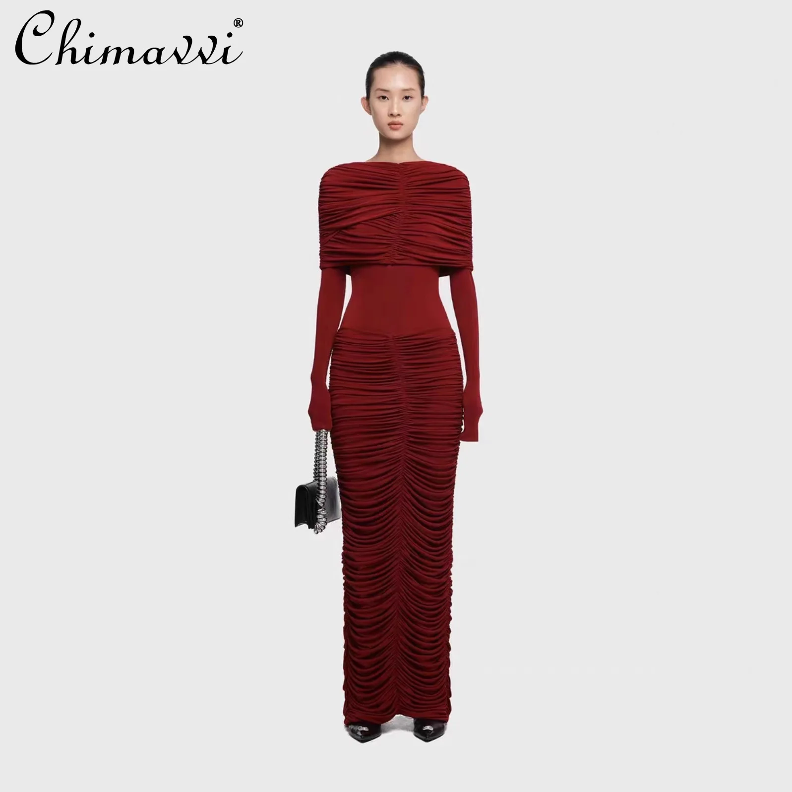 Robe plissée à manches longues pour femmes, haut de gamme, mode automne et hiver, élégante, coupe cintrée, moulante, robes longues de soirée, nouvelle collection 2025