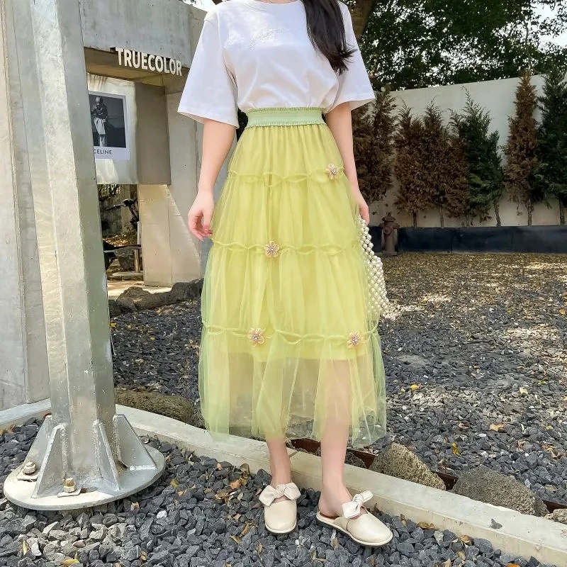 Faldas Aesthetic French Small Fragrance High-Grade Gauze Skirt Long Skirt Spring Summer New Korean Style Mesh Skirts Womens 2023