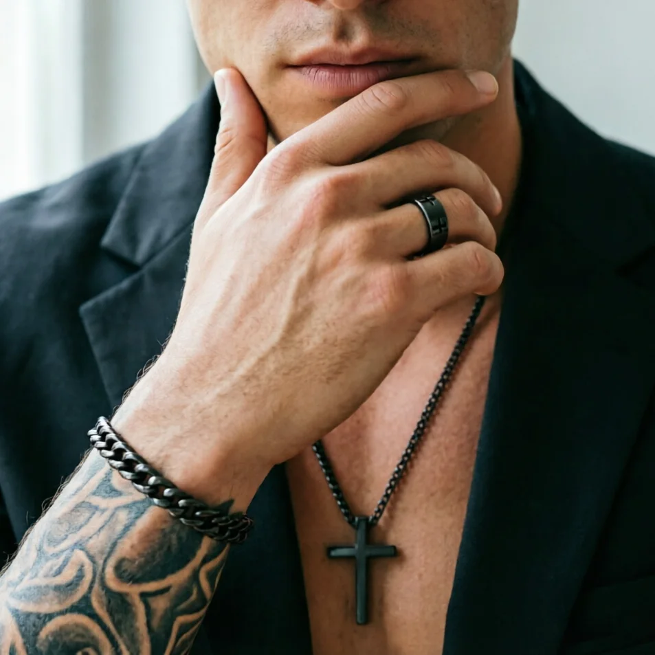 

3PCS Men‘s Stainless Steel Jewelry Set Cross Pendant Necklace Ring Bracelet Combo Gothic Hip Hop Style Non‑Fading Simple