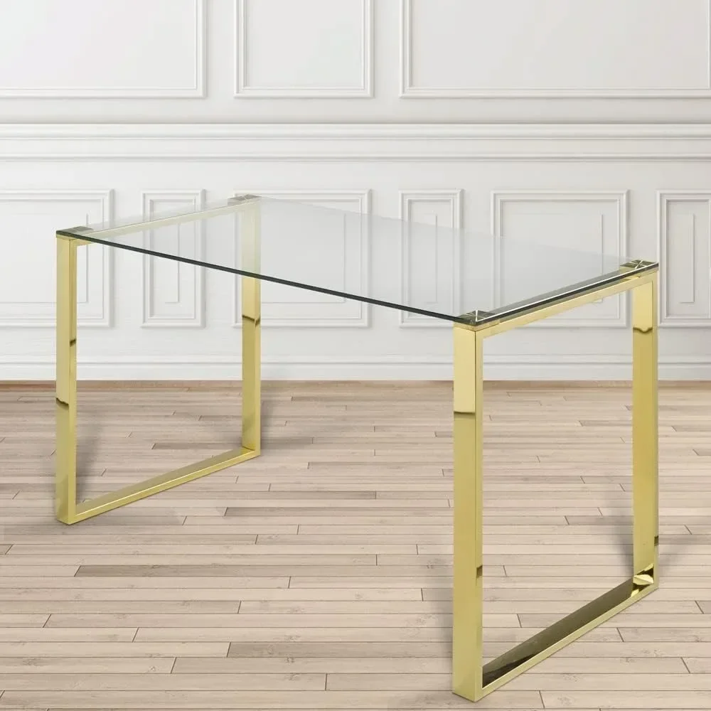 Computer Table for Home or Office Seating Desk Modern Writing Gold Leaf Stainless Steel Legs and Tempered Glass Top Mesa Pc Tv