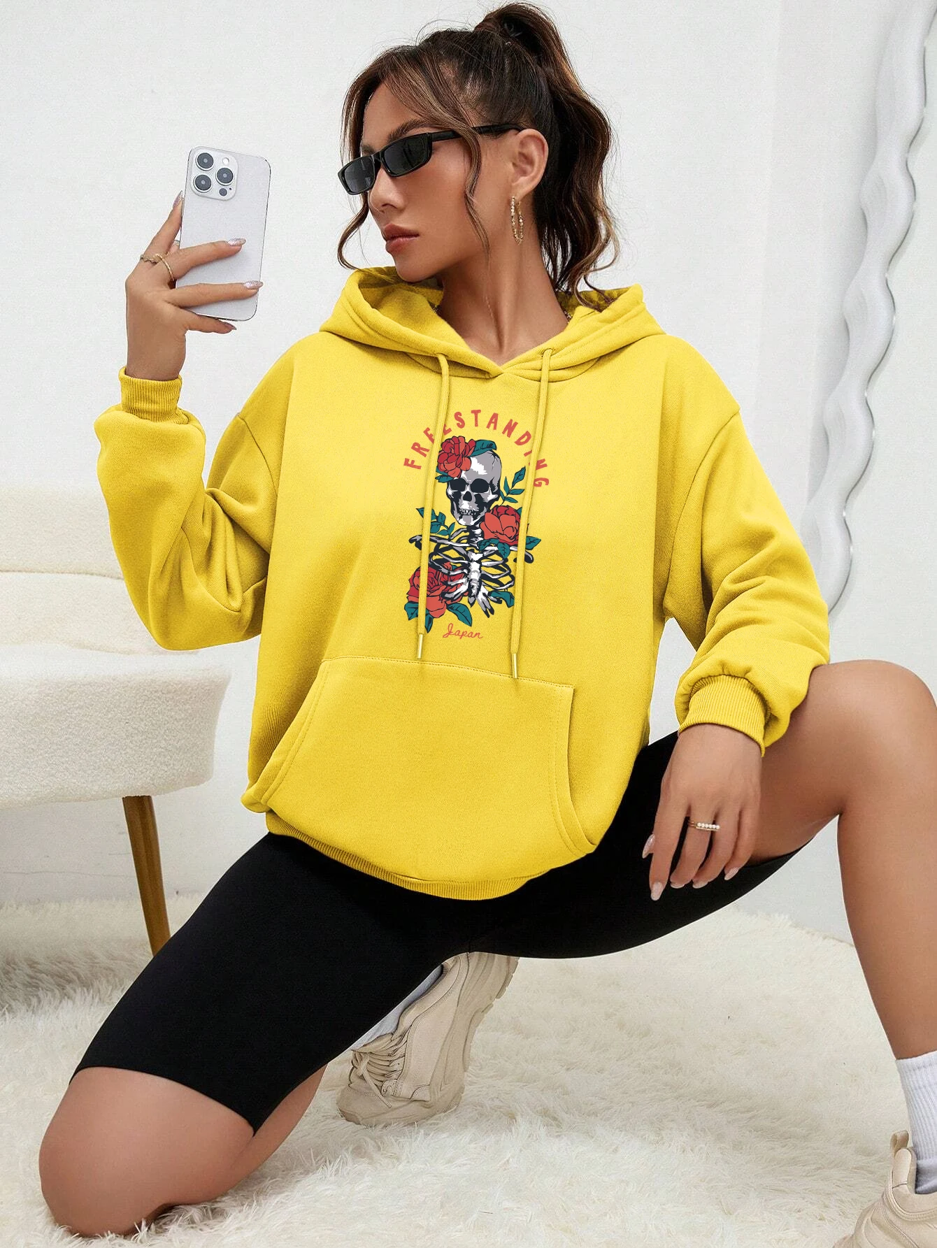 

Freestanding Skeleton Rose Prints Sweatshirt Woman Autumn Casual Hoodie Simple Loose Pullover Fashion Fleece Hoody Womens