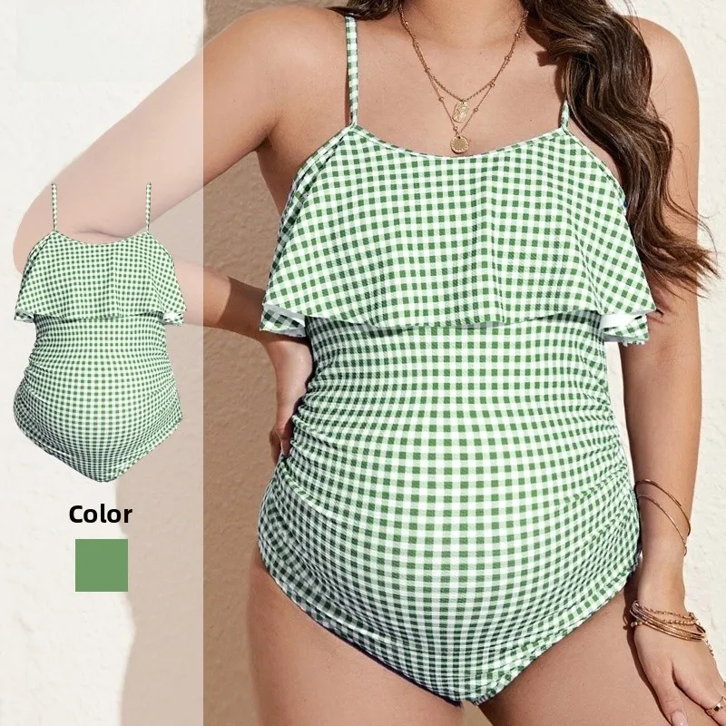 

een Plaid One-Piece Swimsuit for Women Materni Bikini with Lace Hemline Sexy Retro Long Sve Fixed Chest Pad e S...