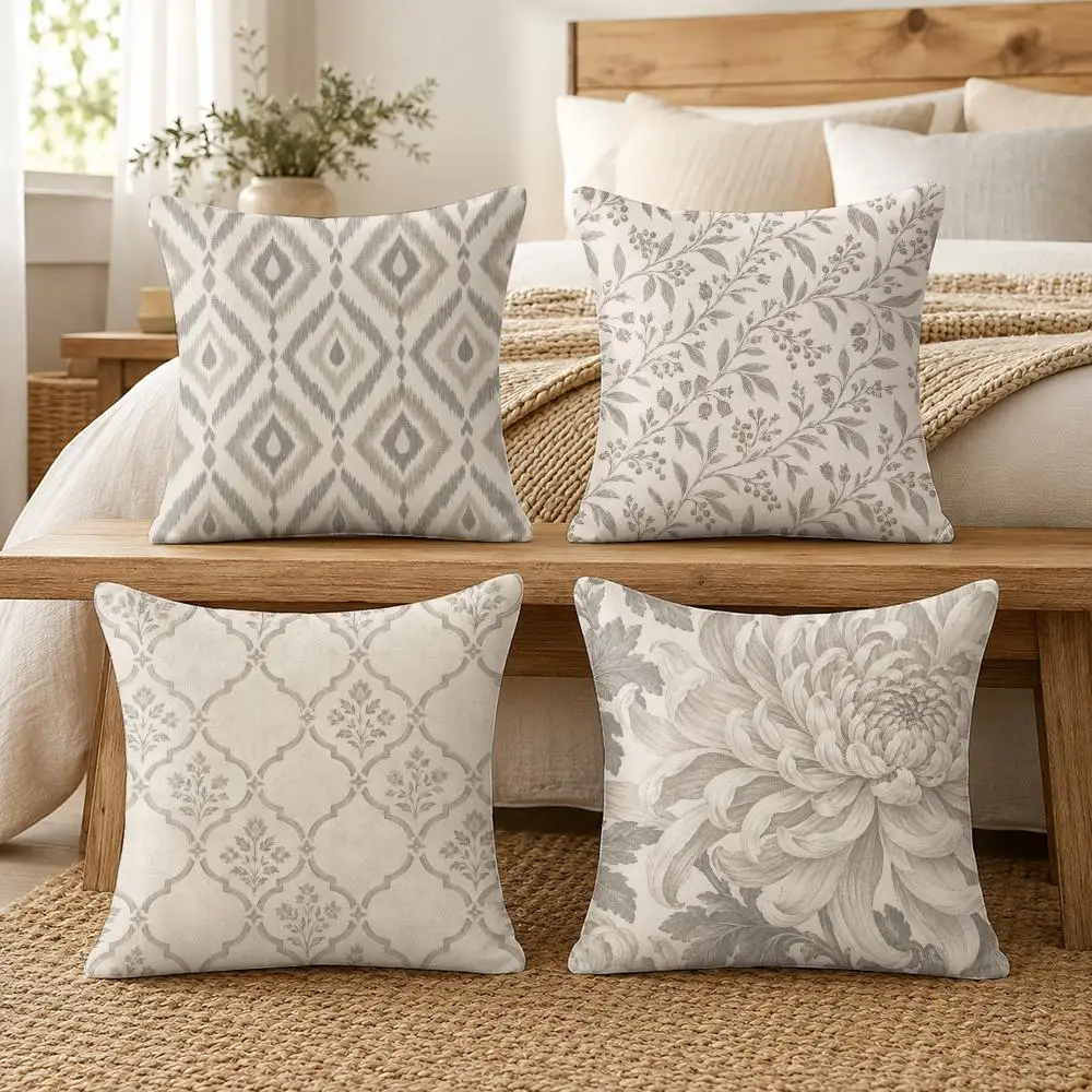 Grey Vintage Sketch Floral Cushion Cover Soft Short Plush Pillow Cases Hidden Zipper Cutecore Sofa Bedroom Home Decor Gift