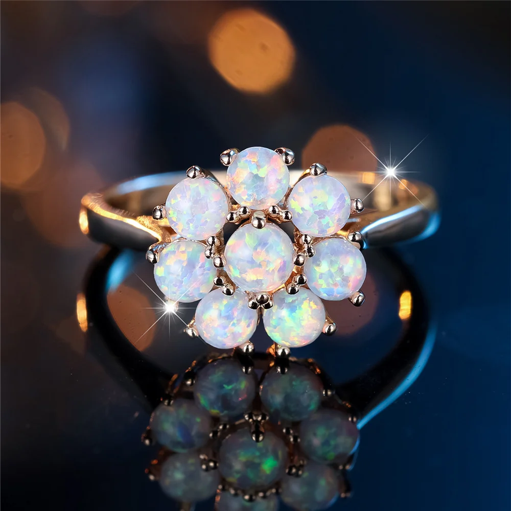 Trendy White Opal Flower Ring Vintage Fashion Gold Color Wedding Bands Engagement Rings For Women Men Minimalist Jewelry