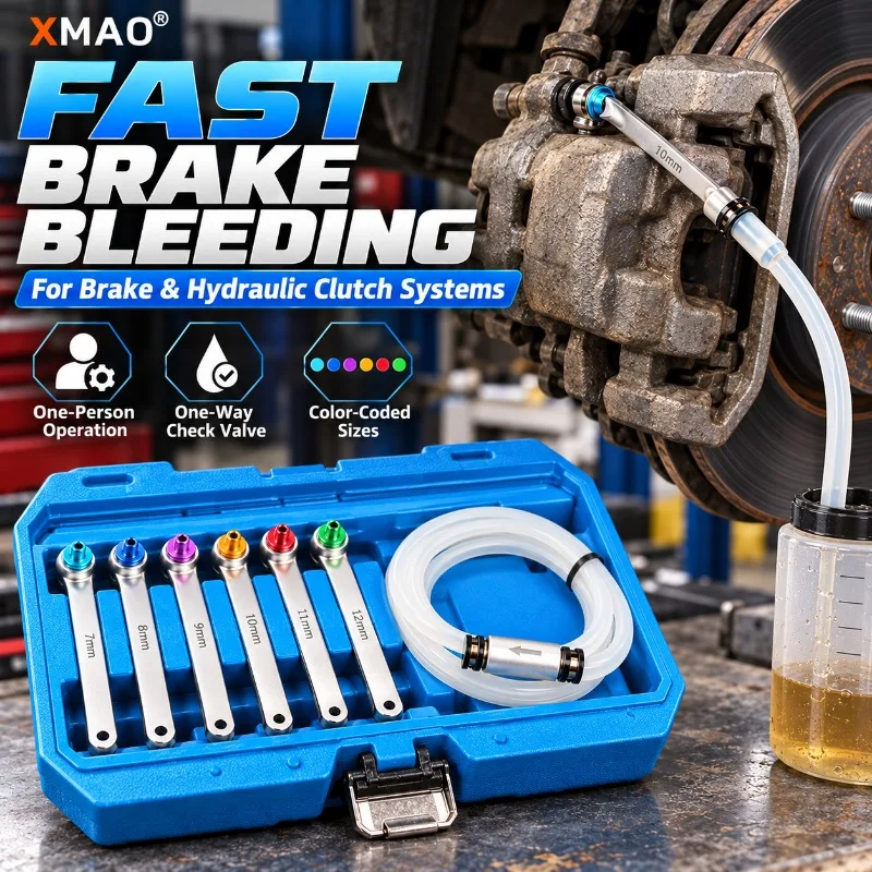 7PCS Brake Fluid Bleeder Wrench Kit 7-12mm with 1.2m Silicone Hose Check Valve for Car SUV Motorcycle Brake Service Tool