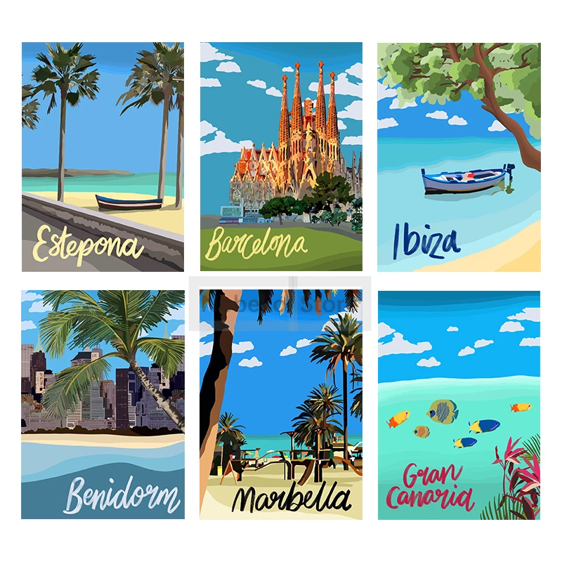 Póster de viaje Vintage de España, impresiones de Barcelona, Marbella, Islas Canarias, pintura en lienzo, imágenes artísticas de pared, decoración de mapa de España para habitación del hogar