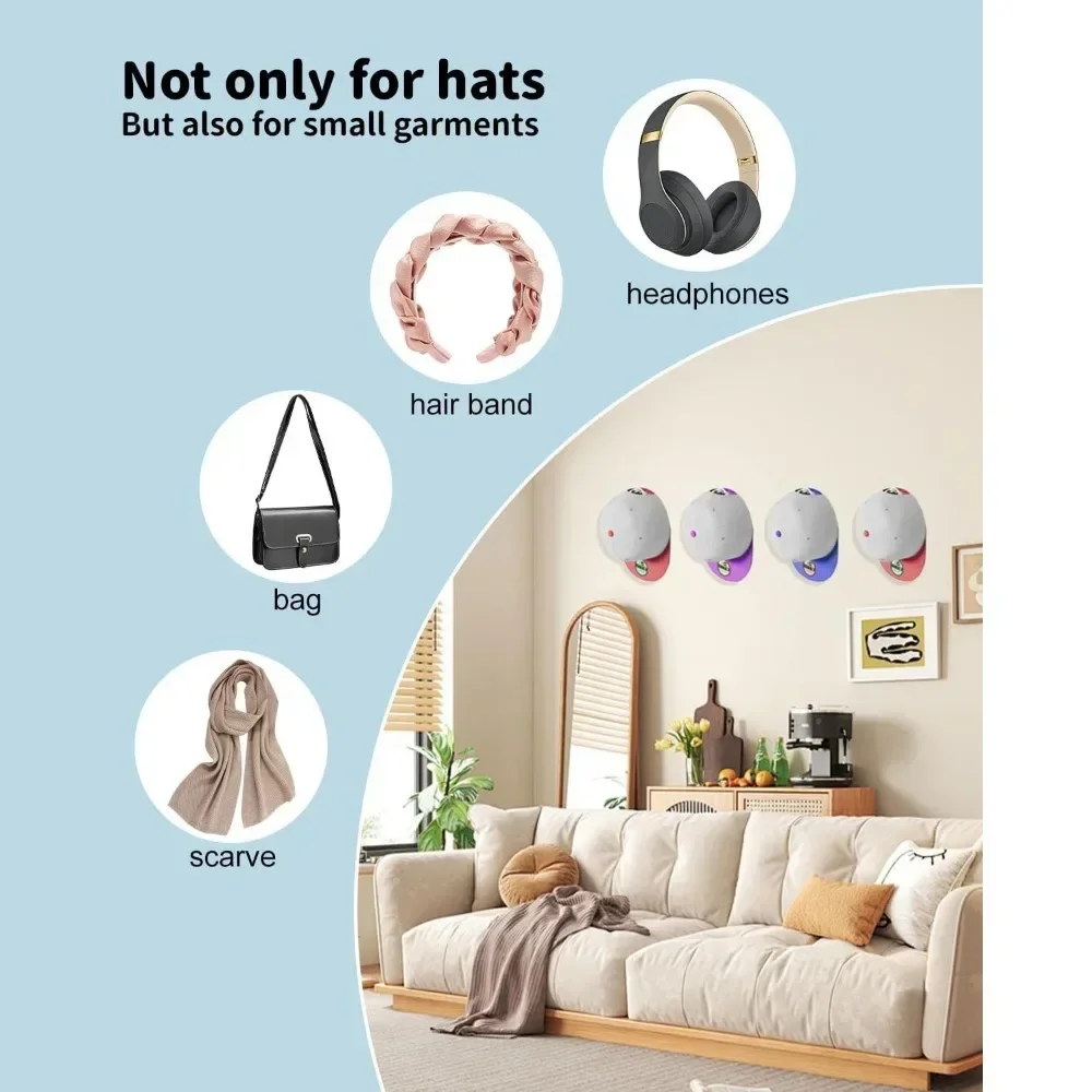8pcs Hat Hooks for Baseball Caps Adhesive Racks for Hanging Hats Simple No Drilling Ball Cap Holders Organizer Wall Hanger