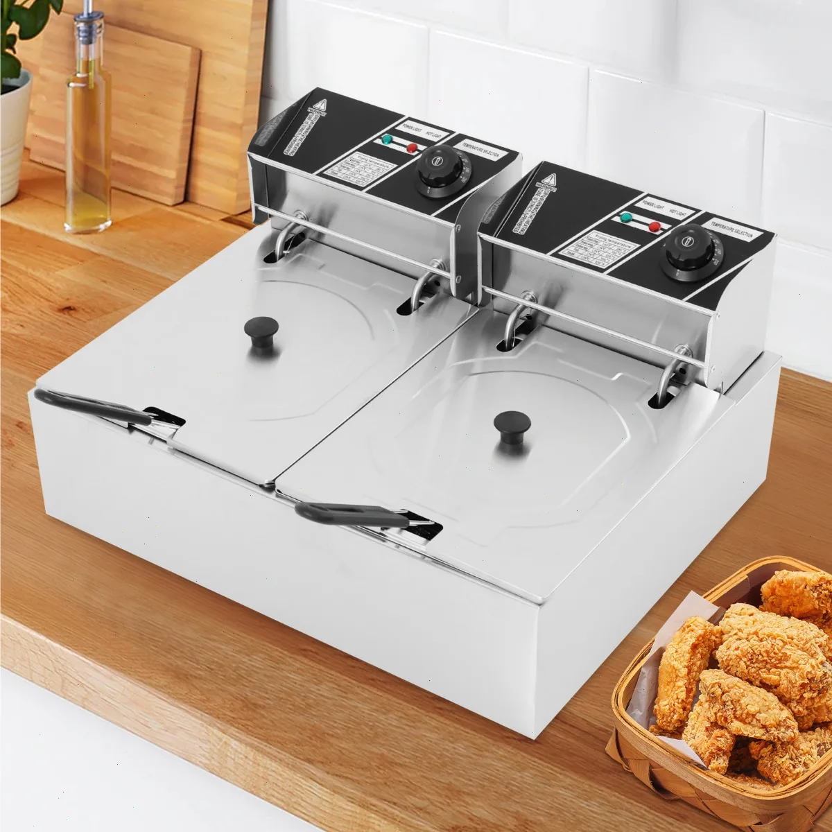 Friteuse électrique avec panier, double cuve, 2x6L 2.5KW, norme UE, double commande, température indépendante, pour cuisine de restaurant, chauffage rapide, grande capacité alimentaire