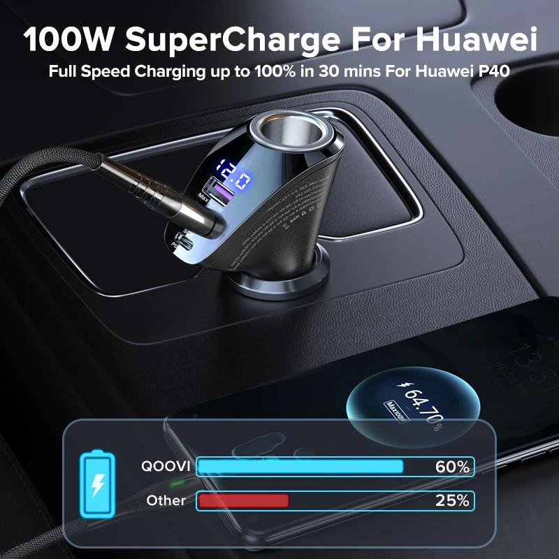 QOOVI 150W Car Charger Usb Type C Super Fast Charging PD 4.0 Quick Charge 3.0 Cigarette Lighter Socket For iPhone Xiaomi Samsung