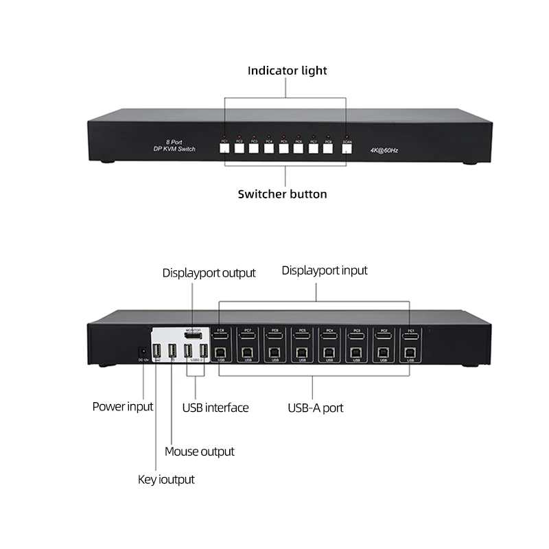 Switcher KVM DisplayPort DP a 8 porte 4K a 60 Hz Convertitore switch DP1.2 8 in 1 uscita con HUB USB 2.0
