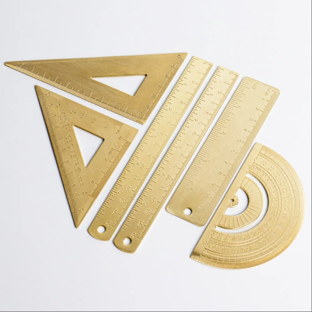 Vintage Brass Straight Ruler Stationery Measuring Tool Painting Drawing Tools Gold Bookmark Metal Triangle Ruler Protractor