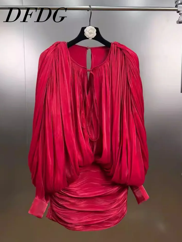 

DFDG Women's Spring Summer Red Ruched Puff Sleeve Fitted Mini Dress Keyhole Neck Party Wear 2026 Trendy Feminine Fashion Dress