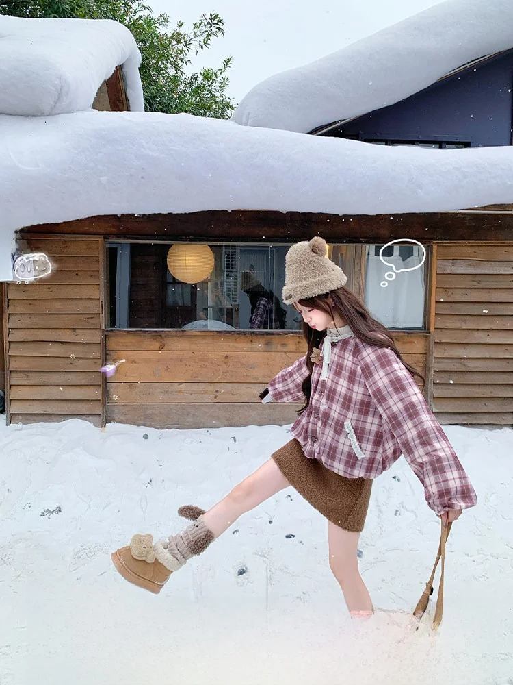 

Korean Sle Sweet Plaid Cotton Jaet Women's ort round Ne Two-Way Wear Winter Warm Comfortable Loose Fit Commute Wear