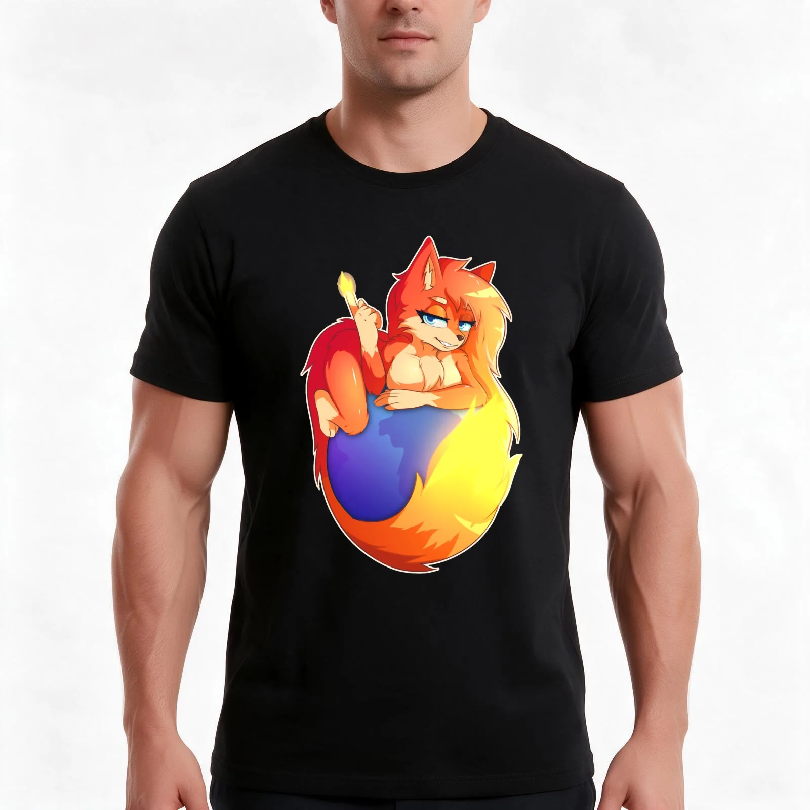 FireFox Furry T-Shirt, Summer Casual Cotton Tee, Oversized Streetwear Tops, Vintage Graphic Print, Loose Fit Short Sleeve