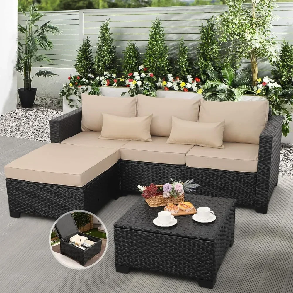 

Outdoor Furniture 3-Piece Set Willow Terrace Furniture Segmented Sofa, Coffee Table with Storage, Non Slip Mat Waterproof Cover