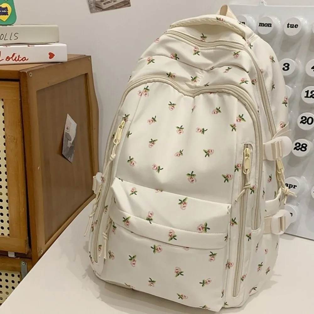 Large Capacity Floral Print Backpack Multi-compartment Thickened Bow Pattern School Bag Multi-pocket Waterproof Rucksack Daily
