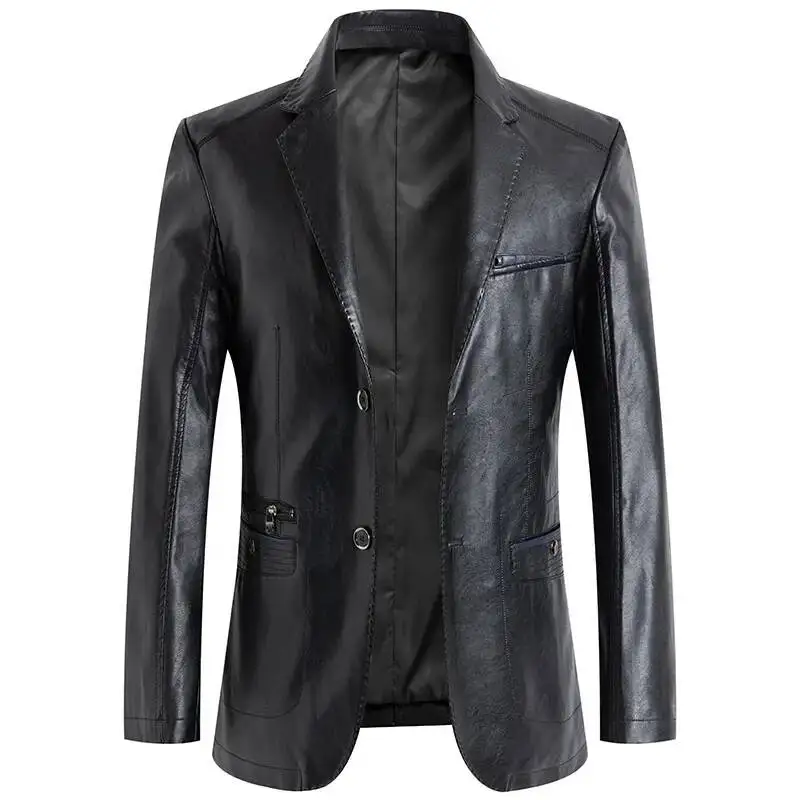Mens Business Casual PU Leather Blazer Jackets Fashion Slim Fit Motorcycle Suede Solid Color Outerwear Plus Size