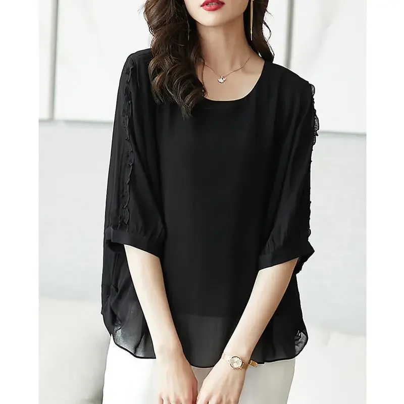 Summer Chiffon Plus Size Irregular Blouses O Neck Short Sleeve Solid Loose Shirt Tops Simplicity Fashion Casual Women Clothes