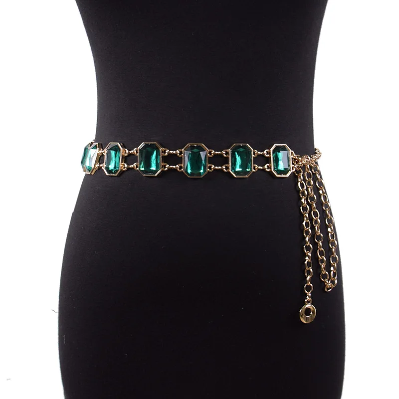 Summer New Women's Belt with Big Emerald Green Rhinestone Waist Chain Belt