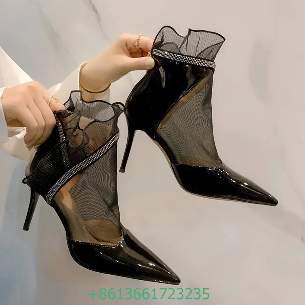 

French Style Sandals Patent Leather Pointed Toe Stiletto High-heeled Short Boots Women's Summer Sandals Rhinestone Mesh Boots