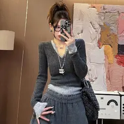 New Versatile Temperament V-neck Fake Two-piece Knitted Sweater with Lazy Style Pullover and Slim Fit Women's Top