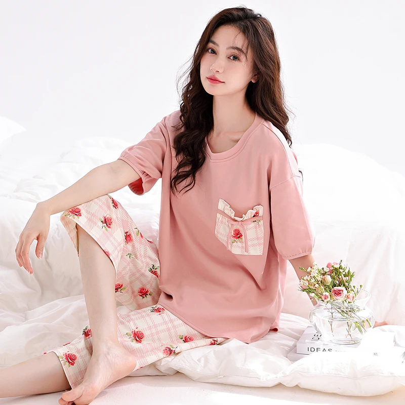 Newest Summer Women Pajamas Set 100% Cotton Sleepwear Female Short Top+Calf-Length Pant Floral Pyjamas