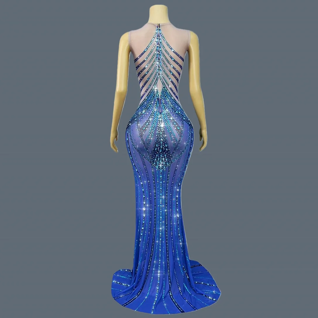 

Elegant Blue Mermaid Dress Luxury High-endSparkly Crystals Evening Gown Women Couture Sheer Mesh Sexy Long Dress Lanjingling