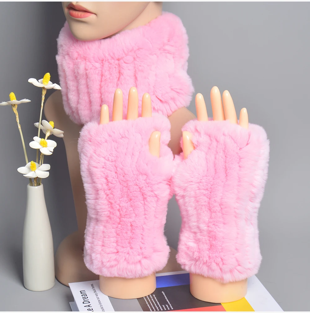 One Set Women Real Rex Rabbit Fur Cuff+Headband Winter Warmer Hat Arm Wrist Sleeve Gloves Female Real Fur Cap+Elastic Wristband