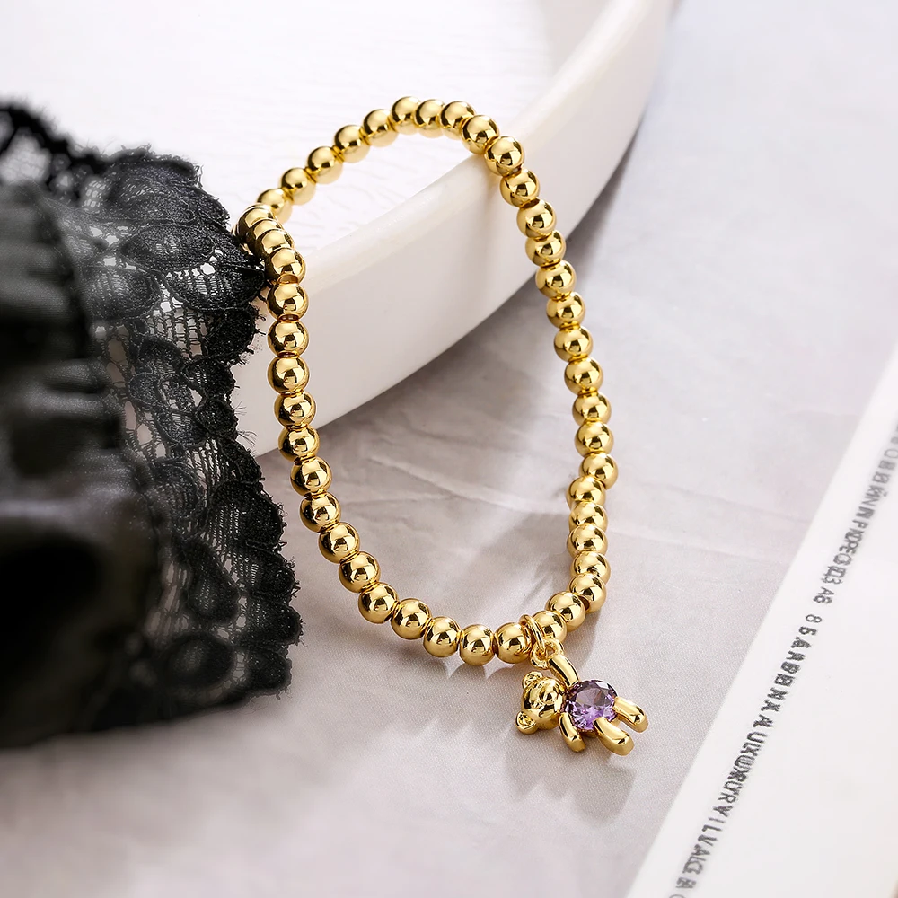 NEWBUY Trendy Gold Color Copper Beads Bracelets For Women White/Pink/Purple CZ Cute Bear Jewelry