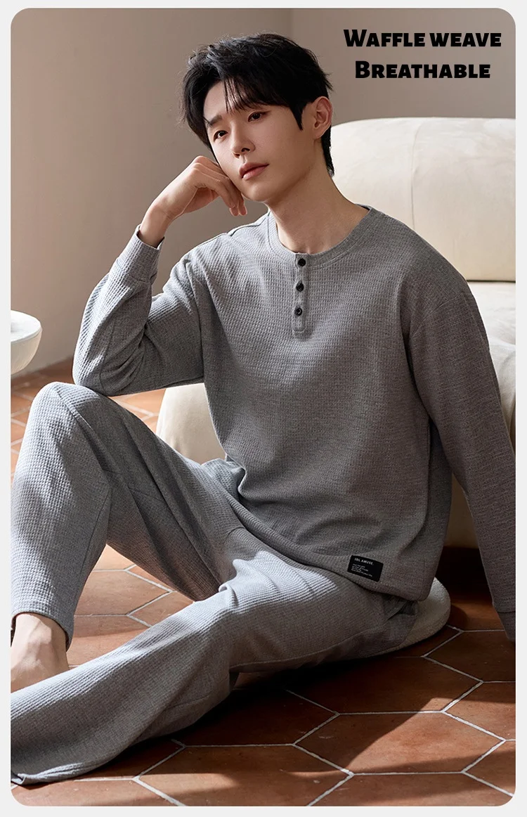 

Spring Autumn Men Cotton Loose-Fit Simple Casual Loungewear Suitable Wearing Outdoors Waffle Weave Soft Breathable