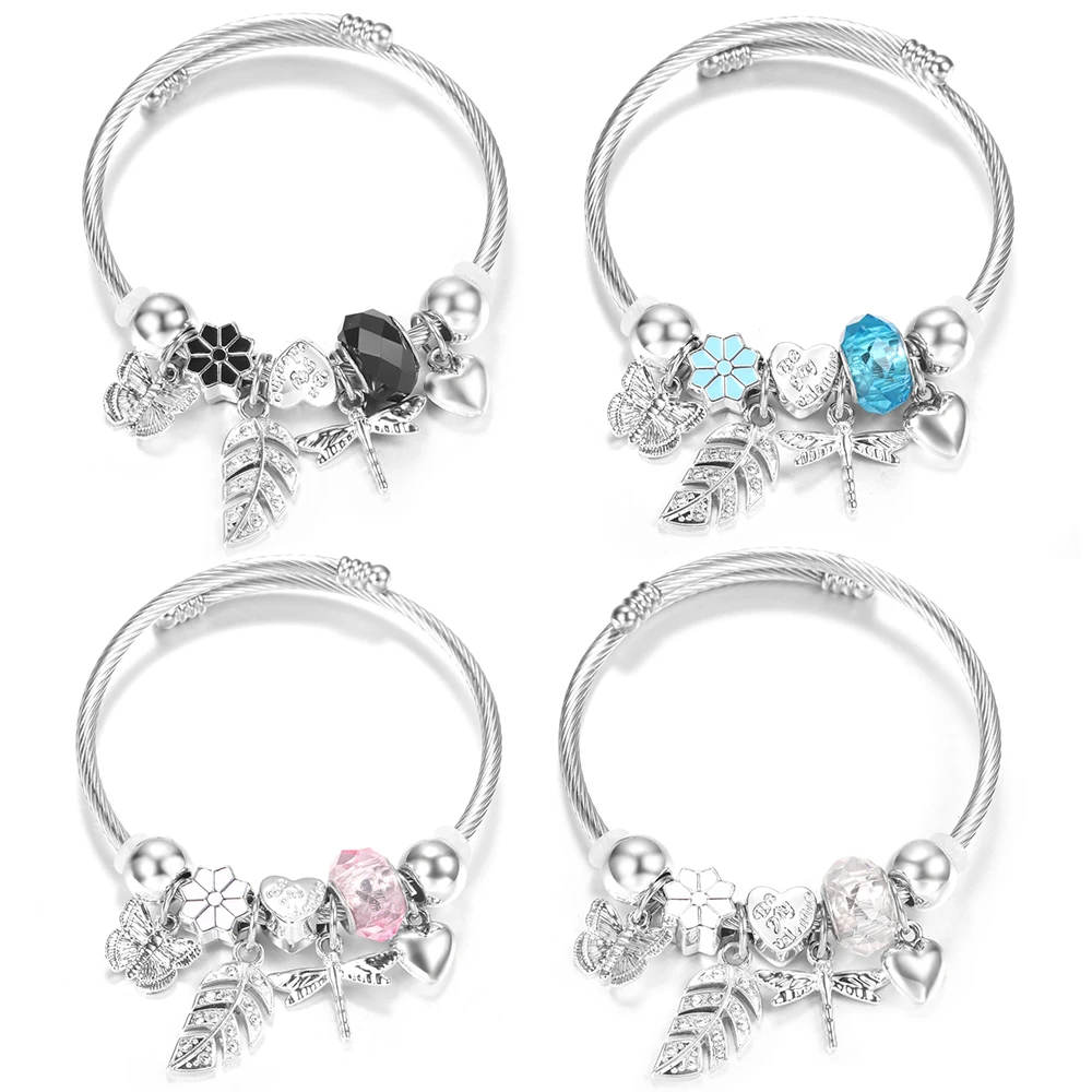 Rhinestone Palm Leaves Pendant Stainless Steel Beaded Bracelet 4 Colors Dragonfly Butterfly Closure Bangles Women Charm Bracelet