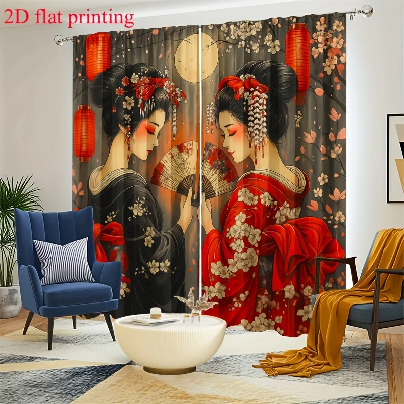 Japanese Geisha Curtain, Elegant Kimono Ladies with Fans and Red Lanterns, Cherry Blossom Night Scene Window Drapes