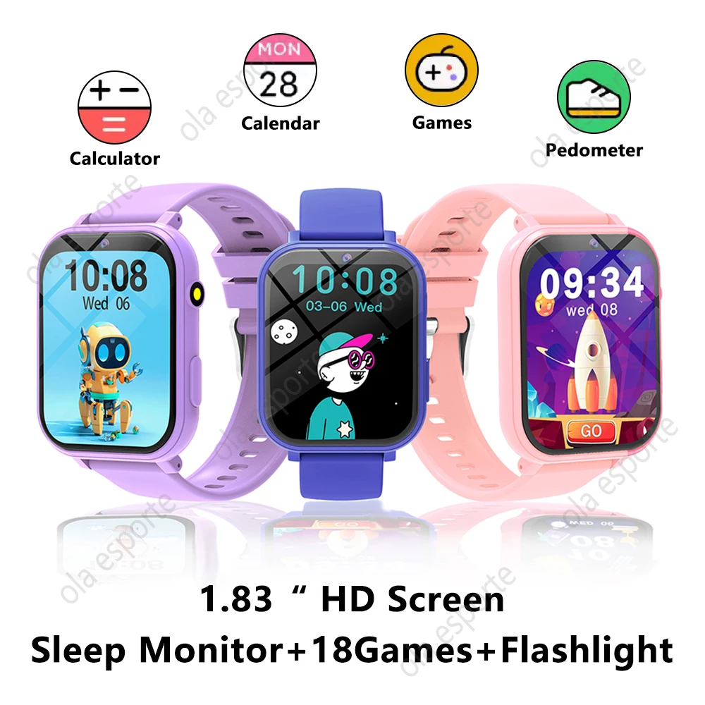 

Новые умные часы для детей 1,83 дюйма, дисплей, монитор сна, камера, будильник, детский фонарик, детские умные часы, подарки для мальчиков и девочек