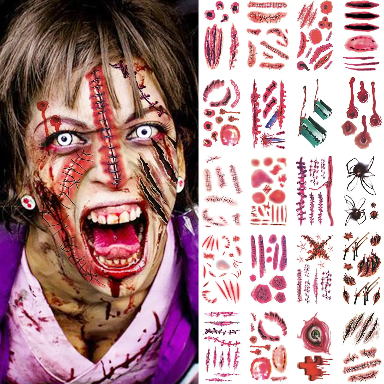 20 Sheets Horrible Bloody Hole Scar Wound Temporary Tattoos For Men Women Adults Halloween Costume Scary Face Fake Stitch Suture