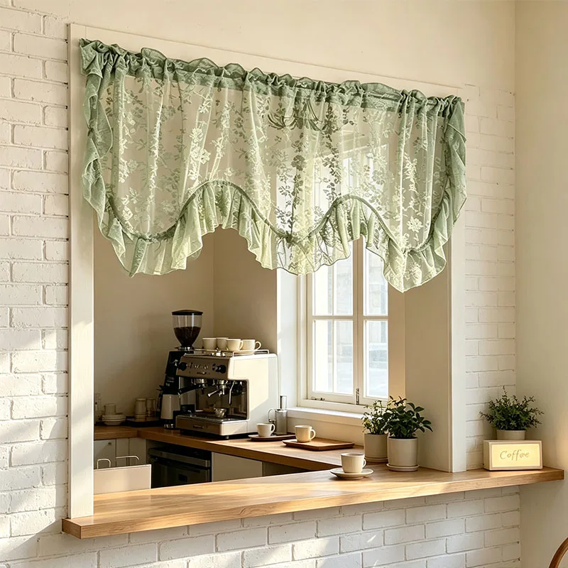 1pc Green Lace Wavy Ruffle Sheer Window Valance, Cottage Cream Style Short Drape for Bedroom Sunroom Coffee Bar Decor