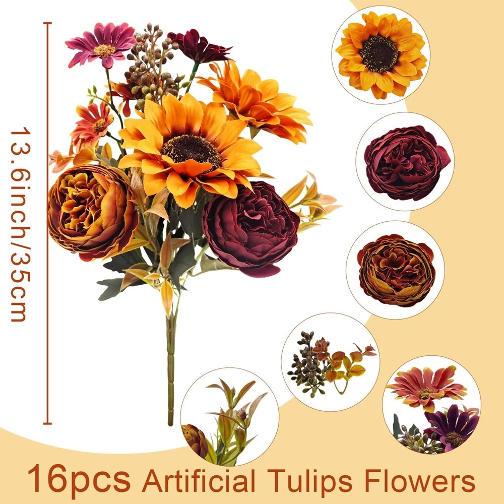 6 Stück Künstliche Blumen aus Seide, Hängende Sonnenblumen, Festkranz, Hochzeitsstrauß, Dekoration für Zuhause, Zimmer, Vasen, Fensterbänke, Herbstdekoration – Detail 7