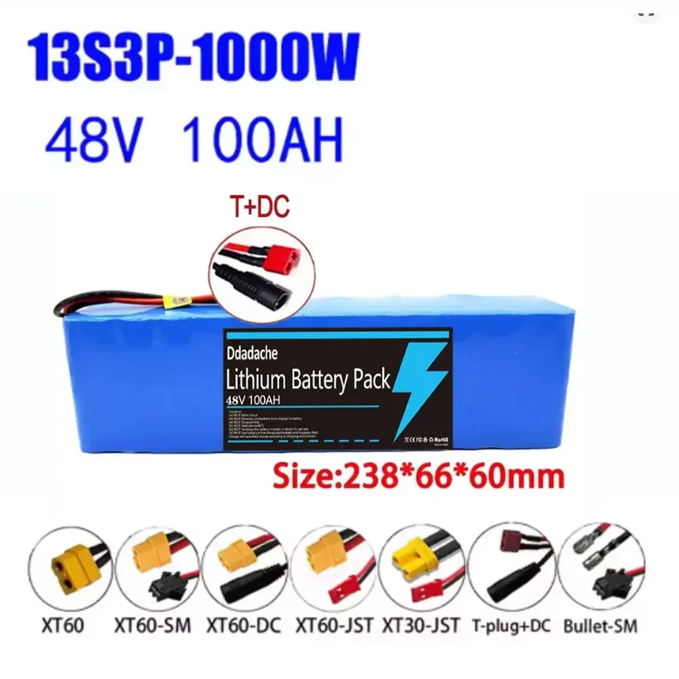 48V 100Ah 2000W 13s3p 48V 100000mAh 18650 Lithium-Ionen-Akku für 54,6V Elektrofahrräder, mit BMS+54,6V Ladegerät