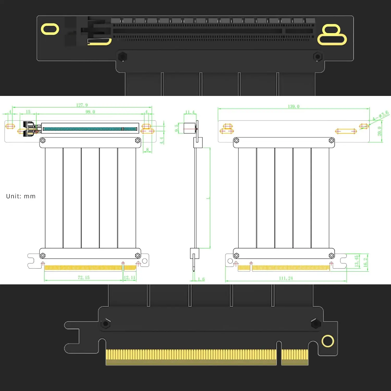 PCIe 3.0 X16 Riser Cable for Low-end PCIe 3.0 GPUs,Such as GeForce RTX 20/GTX 16/GTX 10 Series and AMD Radeon RX5000/VII Series