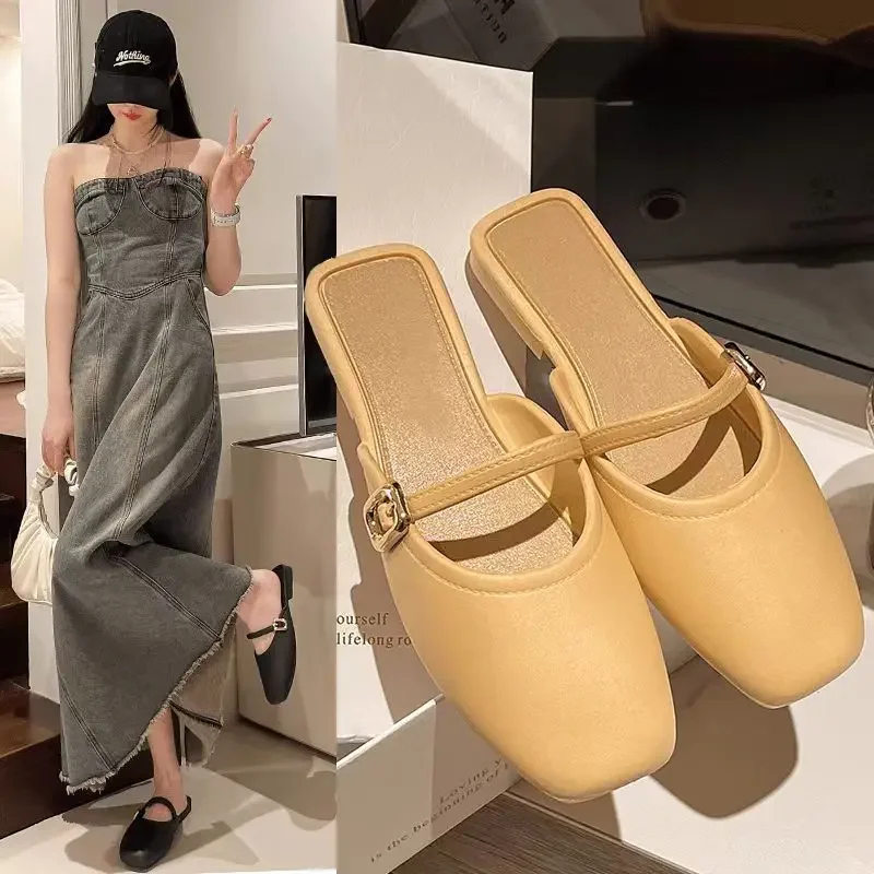 French Head Half Slippers Women Wear 2024 Spring/summer New Shallow Mouth All Soft Leather Mueller Shoes Beach Single Shoes