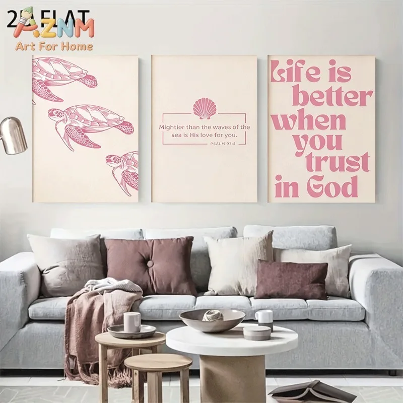 Unframed 3PCS Pink Christian Bible Verse Canvas Wall Art Sea Turtle Seashell Print Poster Home Living Room Bedroom Decor Canvas