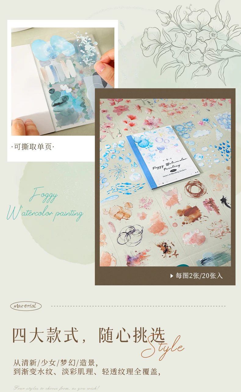 Journal GO 20 Stück Nebeliger Aquarell-Blumensticker Weiche Kunstvolle Dekorative Aufkleber für Journaling, Scrapbooking und Karten-DIY – Detail 7
