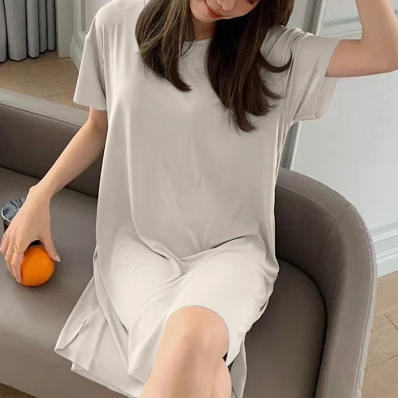 ผู้หญิงฤดูร้อนแขนสั้น O-คอเสื้อยืด Oversize สีทึบ Cooling A-Line ชุดนอนหลวม Loungewear Nightgown