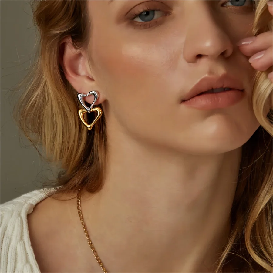 Minimalist Stainless Steel Two Hollowed Out Hearts Earrings Gold and Silver Mixed Color Charm Earrings for Women