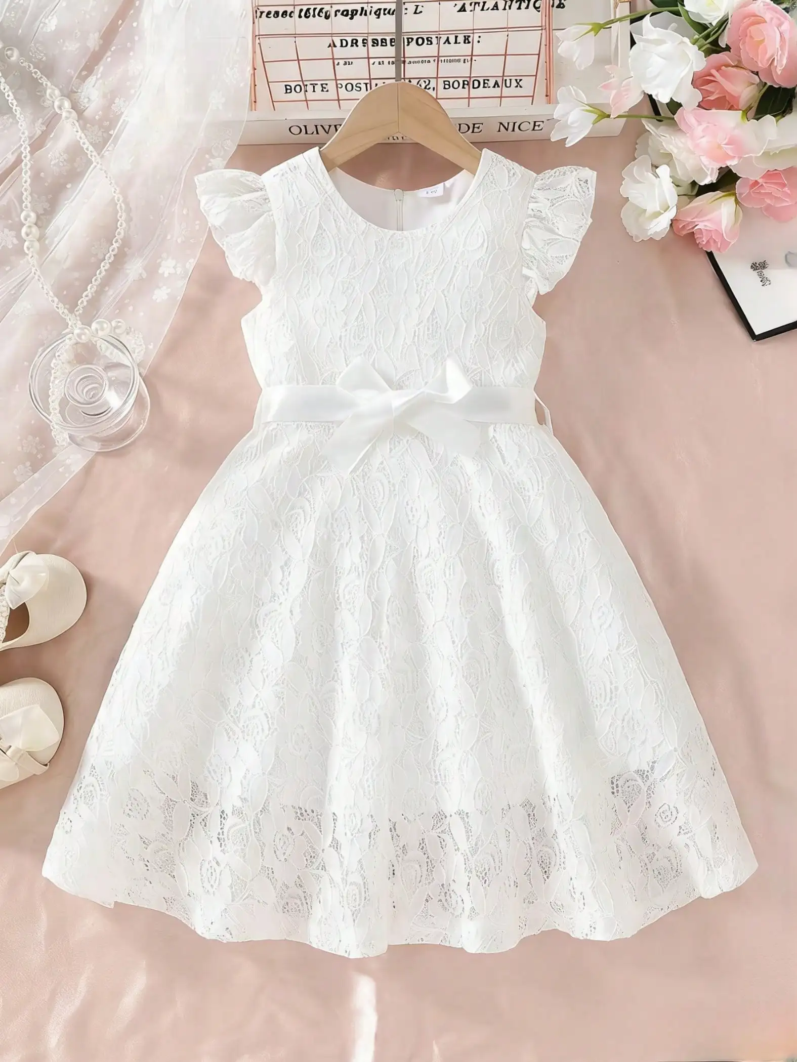 Children's Sleeveless round Neck Ruffle Edge Skirt Dress with Waist Cinching Tie Bow Mesh Outer Medium Long Short Skirt Option