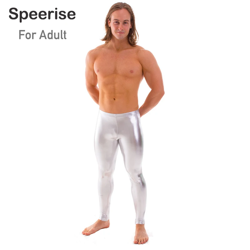 Speerise Men Silver Shiny Metallic Dance Spandex Legging Stage Performance Pants Skinny Leggings Costume for Adult Full Length