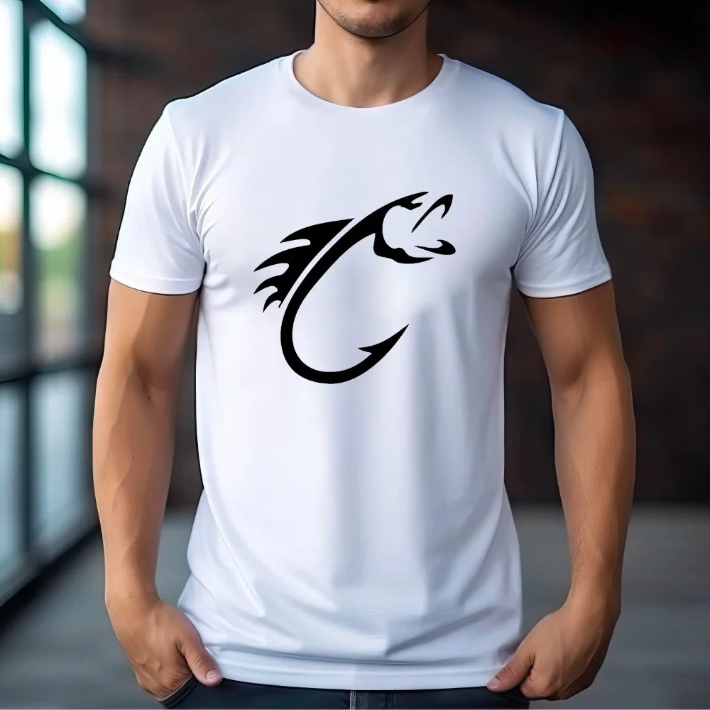 

FPACE Simple Line Fish Men T-Shirt Fishing Hook Printed T shirt Sport Men's Clothing Women Oversized t-shirt