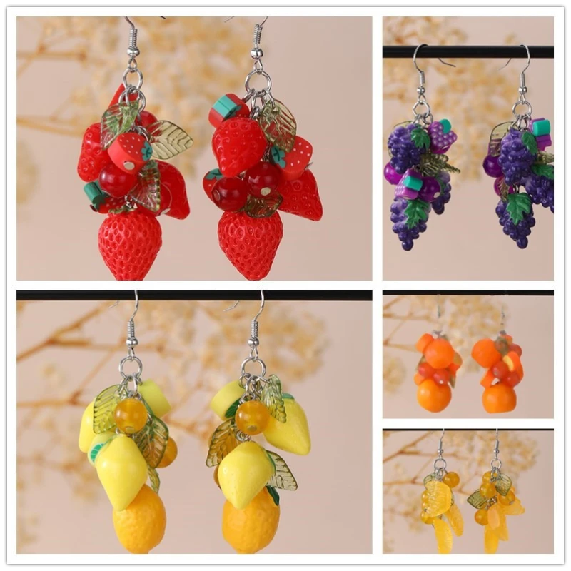 جديد ثلاثية الأبعاد مقلد الفاكهة أقراط الليمون البرتقال الفراولة العنب سلسلة ليف إسقاط أقراط لطيف متعة العصرية مجوهرات هدية اكسسوارات