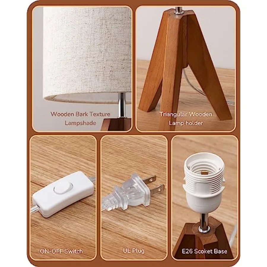 Lampada da tavolo piccola Lampada da comodino treppiede in legno con paralume in tessuto di lino Lampada da comodino da 14,2 pollici per camera da letto Soggiorno Ufficio 2