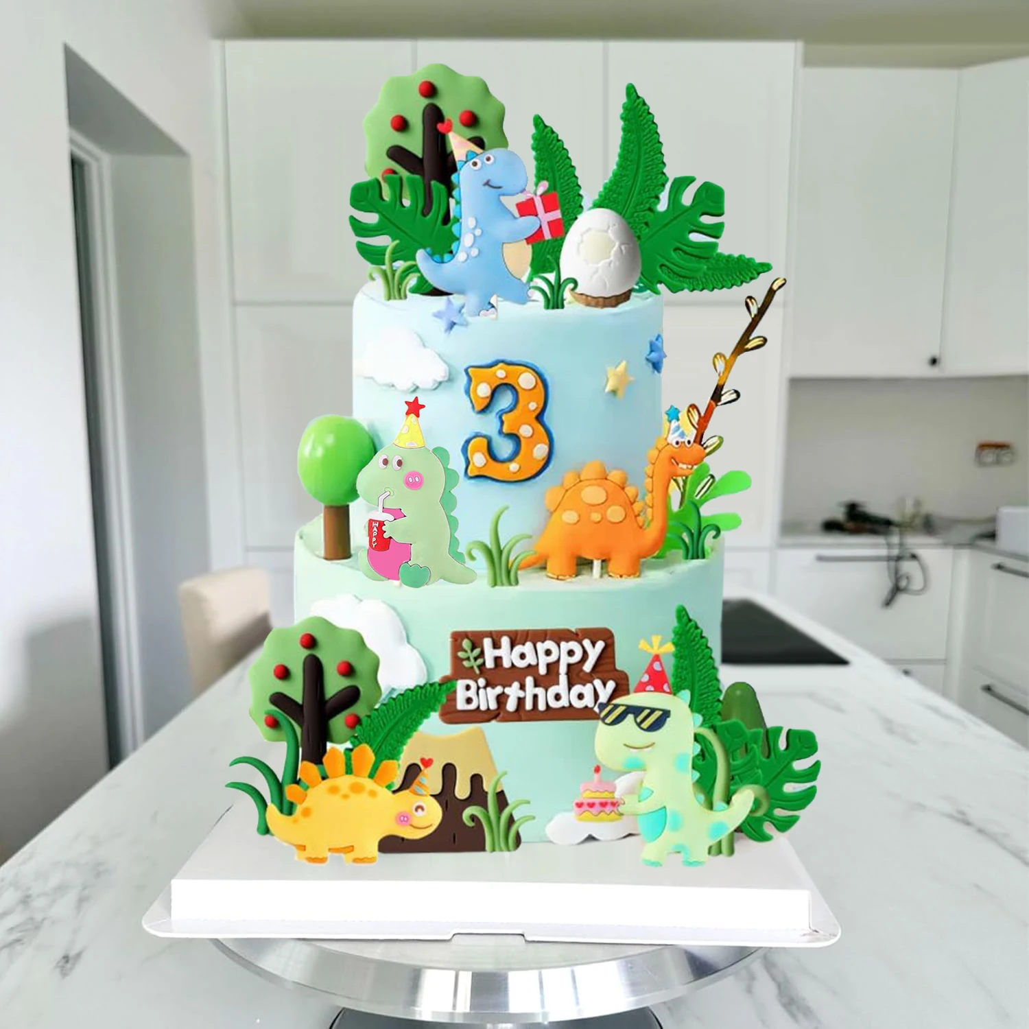 15 Stück Cartoon-Dinosaurier-Kuchenaufsätze, niedliche Dino-Ei-Blätter, Gras, Vulkan-Kuchendekorationen für Kindergeburtstag, Babyparty, Dinosaurier – Detail 15