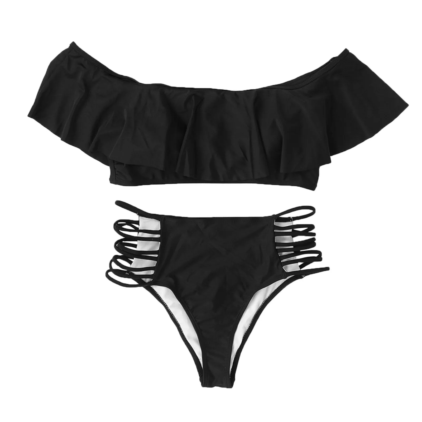 Conjunto de Bikini con volantes y hombros descubiertos para Mujer, traje de baño Sexy de vendaje, cintura alta, Bandeau, Push-Up, traje de baño para